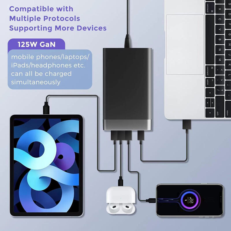 125W GaN stolni punjač 5-portna USB stanica za punjenje Quick 3.0 Type C PD 65W brzi punjač za iPhone15 14 13 za prijenosna računala Tablet