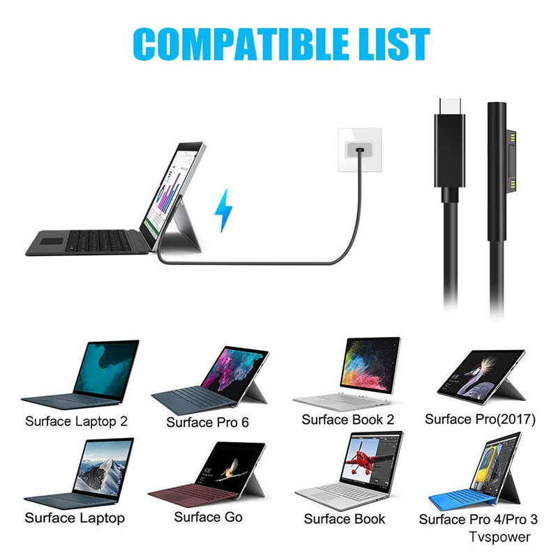 PD USB Type C lādētājs Microsoft Surface Pro 7/6/5/4/3 Go Book planšetdatora nomaiņa 15V/12V 2.58A 65W 44W uzlādes kabelis melns