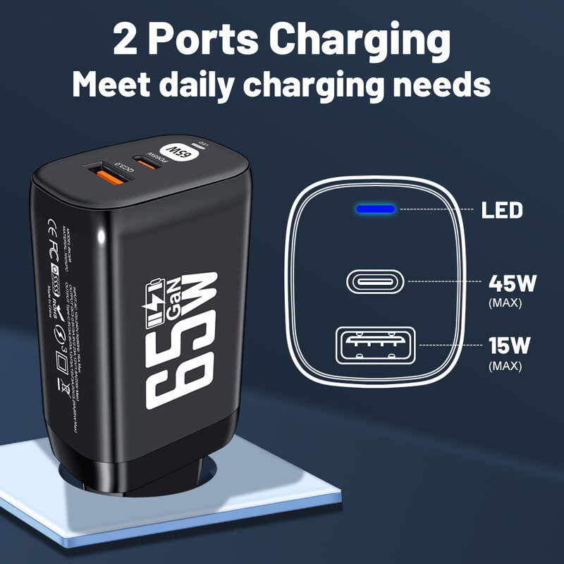 GaN lādētājs PD 65W Ipad klēpjdatoram USB Type C Super Fast Charging QC3.0 Adapter Portable PC Apple Macbook Huawei Matebook 13