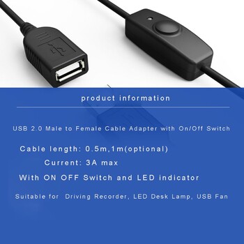 Καλώδιο επέκτασης USB 2.0 Data Sync Καλώδιο επέκτασης USB με ON OFF Διακόπτης ένδειξης LED για λάμπα LED ανεμιστήρα USB PC Raspberry Pi