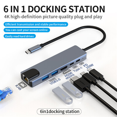 Gopala 6IN1 4K@60Hz HDMI USB C prijungimo stotis su 2 USB-A 5Gbps RJ45 100M, USB C, skirta iPhone 15/Mac/Dell/Acer/HP/ASUS