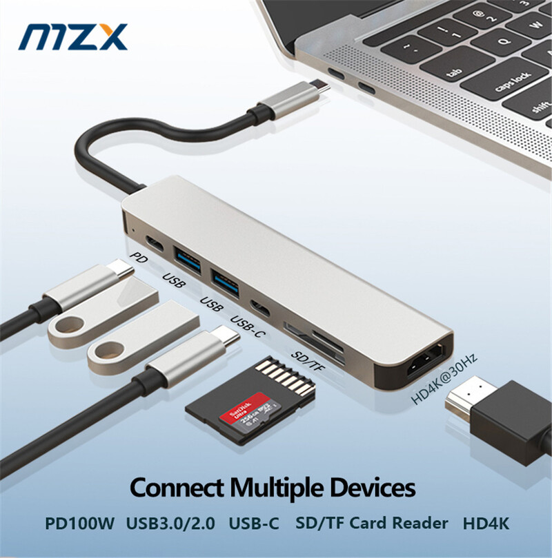 MZX 7 в 1 докинг станция за лаптоп 4K 30Hz 60Hz HDMI-съвместим концентратор USB хъб Multi-hub Тип C адаптер сплитер 3 0 докинг станция
