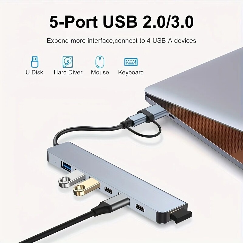 8 u 2 USB HUB s razdjelnim čitačem kartica, USB C priključkom, USB 3.0 / 2.0, SD/TF razdjelnim čitačem kartica, priključnom stanicom