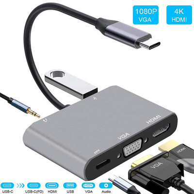 C tipo USB šakotuvas C tipo Thounderbolt 3–4K su HDMI suderinamas VGA adapteris USB3.0 3,5 mm lizdo garsas, skirtas MacBook Pro Air 2020 Galaxy