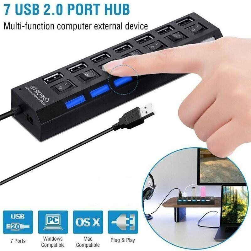 USB hub 7-u-1 adapter Multi ports Koristite strujni adapter Ekstenzor USB 2.0 PC Računalni dodaci Prekidač USB za PC Usb Port Laptop