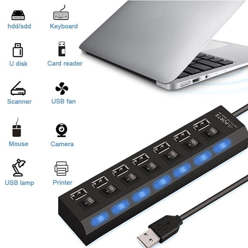 USB hub 7-u-1 adapter Multi ports Koristite strujni adapter Ekstenzor USB 2.0 PC Računalni dodaci Prekidač USB za PC Usb Port Laptop