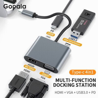 Gopala USB C šakotuvas / adapteris 4 viename su 4K HDMI išvestimi, USB 3.0, VGA 1080P, 100 W PD, skirta MacBook Pro/Air, Dell XPS