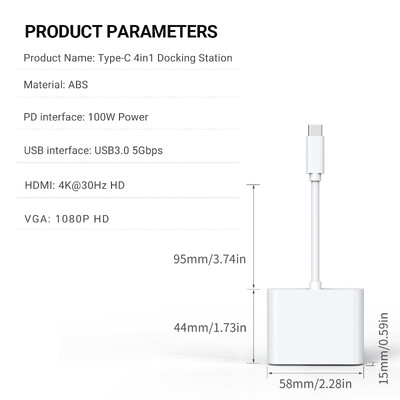 Gopala USB C centrmezgls/adapteris 4 vienā ar 4K HDMI izvadi, USB 3.0, VGA 1080P, 100 W PD priekš MacBook Pro/Air, Dell XPS