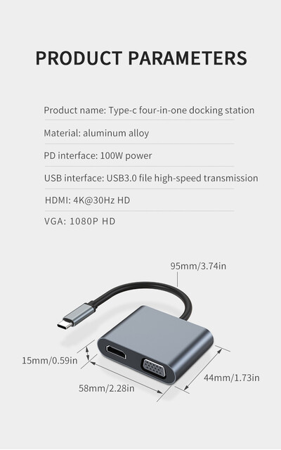 Gopala USB C centrmezgls/adapteris 4 vienā ar 4K HDMI izvadi, USB 3.0, VGA 1080P, 100 W PD priekš MacBook Pro/Air, Dell XPS
