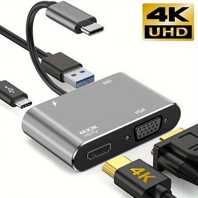 Keturi viename C tipo adapterio šakotuvas su HDTV VGA USB 3.0 skaitmeninis AV kelių prievadų adapteris su C TYPE-C PD įkrovimo prievadu