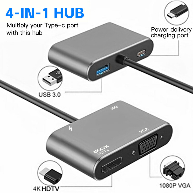 4-в-1 адаптерен хъб тип C към HDTV VGA USB 3.0 цифров AV многопортов адаптер с TYPE-C PD порт за зареждане, съвместим