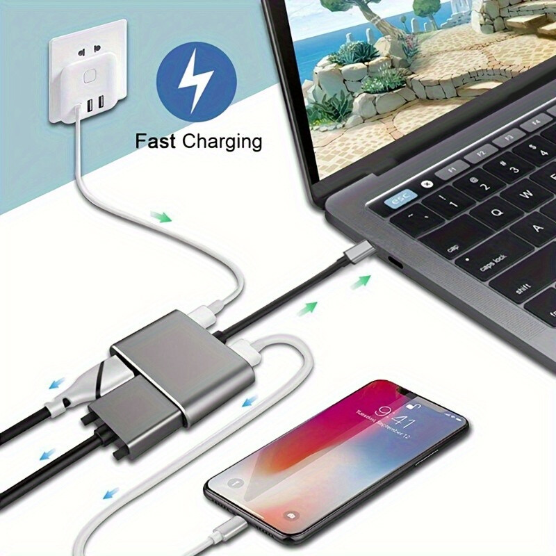 4-в-1 адаптерен хъб тип C към HDTV VGA USB 3.0 цифров AV многопортов адаптер с TYPE-C PD порт за зареждане, съвместим