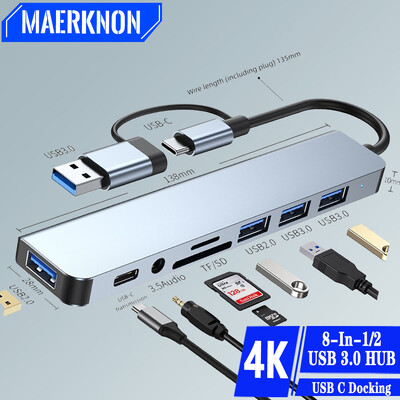 USB C prijungimo stotis 4K30Hz C tipo stebulės USB C skirstytuvo nešiojamojo kompiuterio adapteris, skirtas Macbook Air M1iPad Pro RJ45 kompiuterio priedai USB 3.0 koncentratorius