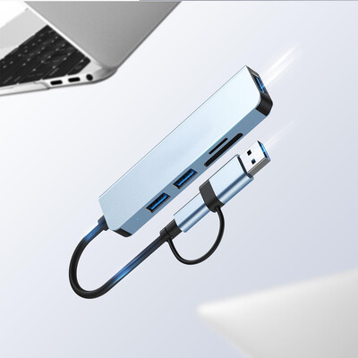 5 USB šakotuvo prievadai, keli USB šakotuvai 3.0 ir TF/SD kortelių skaitytuvas, USB skirstytuvas 5 viename USB plėstuvas, suderinamas su MacBook/Pad Pro/Dell