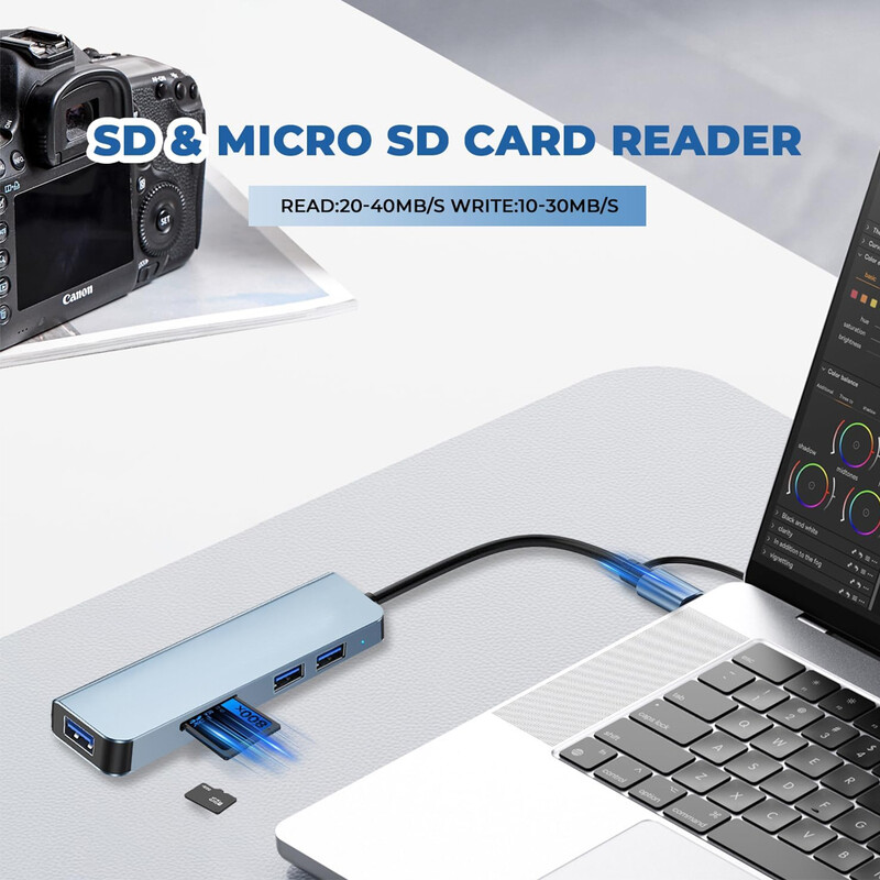 USB hub 5 priključaka, višestruki USB hub 3.0 & čitač TF/SD kartica, USB razdjelnik 5 u 1 USB ekstender kompatibilan s MacBook/Pad Pro/Dell