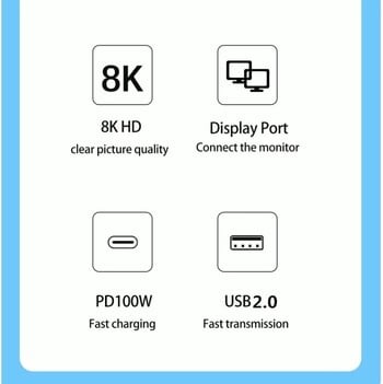 Type-C Thunderbolt3 To 8K@60Hz 4K@144Hz DisplayPort/USB/100W PD Port 3In1 USB C DP Hub for Macbook Pro Laptop Docking Station