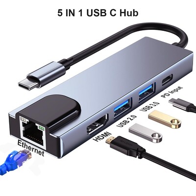 5 viename USB C šakotuvas C tipo į 4K HD adapteris su RJ45 tinklo 100M Ethernet Lan įkroviklio prievado adapteriu, skirtu Macbook Pro