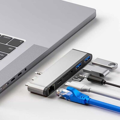 Dviejų c tipo USB C „MacBook ProRJ45 Gigabit 6-in-1“ dokas, 2021 m., skirtas HD kortelių skaitytuvo HUB dokui 4K