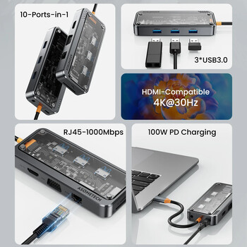 Διαφανής USB C HUB 1000M RJ45 Θύρα Δικτύου PD 100W Multi-Function Station Docking Splitter Τύπος C σε προσαρμογέα συμβατό με HDMI