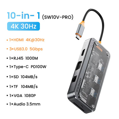 Prozirni USB C HUB 1000M RJ45 mrežni priključak PD 100W višenamjenska priključna stanica Splitter Tip C na HDMI-kompatibilni adapter