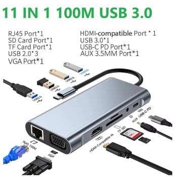 Σταθμός σύνδεσης USB C 11 σε 1 4K Τύπος C σε HDMI Διαχωριστής προσαρμογέα HDMI HUB Τύπος 3 0 0 RJ45 Επέκταση συμπυκνωτή βάσης σύνδεσης Laptop