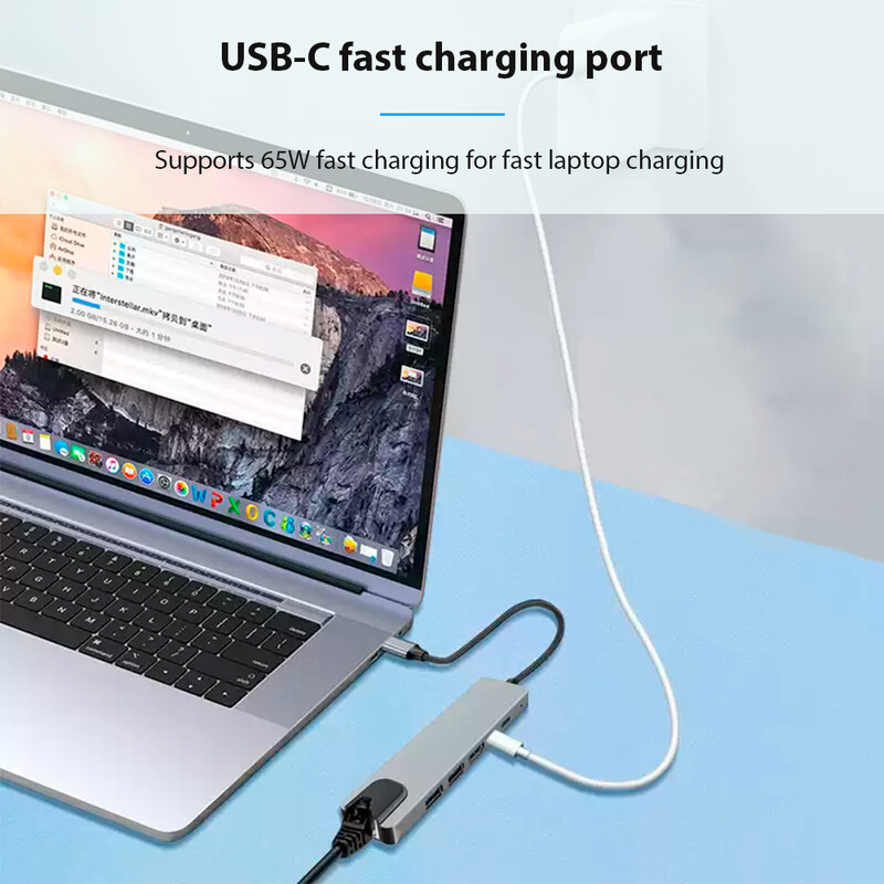 HUB USB tip C 3.0 adapter podržava 65W obrnuto punjenje priključna stanica za prijenosno računalo USB C priključna stanica 6 u 1 HUB Dodatak za Ipad
