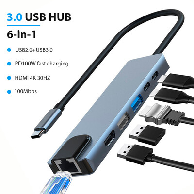 Hub USB Type C 6 in 1 kelių sąsajų nešiojamojo kompiuterio prijungimo stotis palaiko 65 W atvirkštinio įkrovimo nešiojamąjį kompiuterį universalią USB sąsają 4K 30 Hz