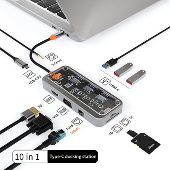 1 ΤΕΜ Gigabit 10-σε-1 βάση σύνδεσης τύπου C HUB Συμβατό με USB RJ45 SD Card Reader Πλαστικό PD 100W Φορτιστής USB 3.0 HUB