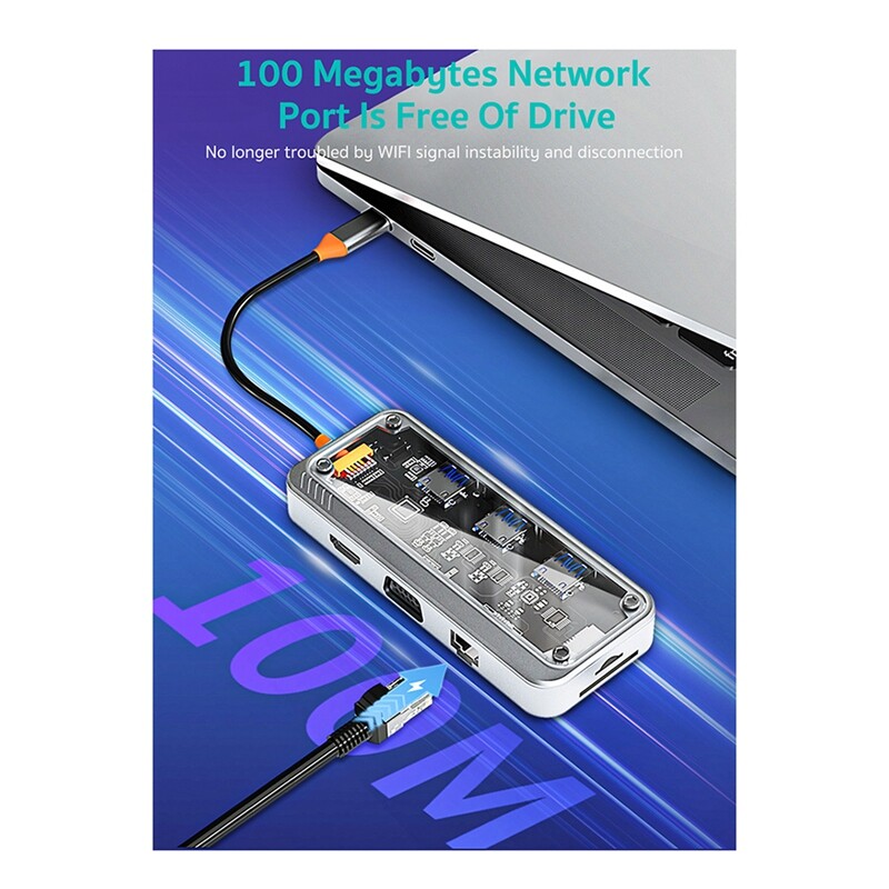 1 KOM Gigabitna 10-u-1 priključna stanica Tip C HUB USB kompatibilan RJ45 Čitač SD kartica Plastični PD 100W punjač USB 3.0 HUB