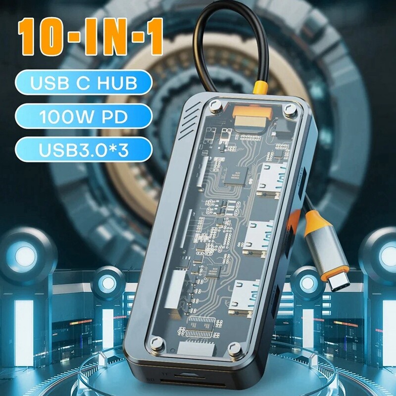 10 In1 USB C centrmezgls, Ethernet USB-C Mac vairāku portu adapteris, USB C adaptera dokstacija Pro/Air datora klēpjdatoram