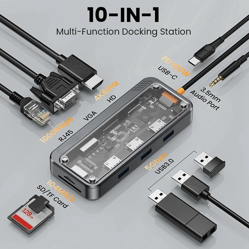 10 In1 USB C centrmezgls, Ethernet USB-C Mac vairāku portu adapteris, USB C adaptera dokstacija Pro/Air datora klēpjdatoram