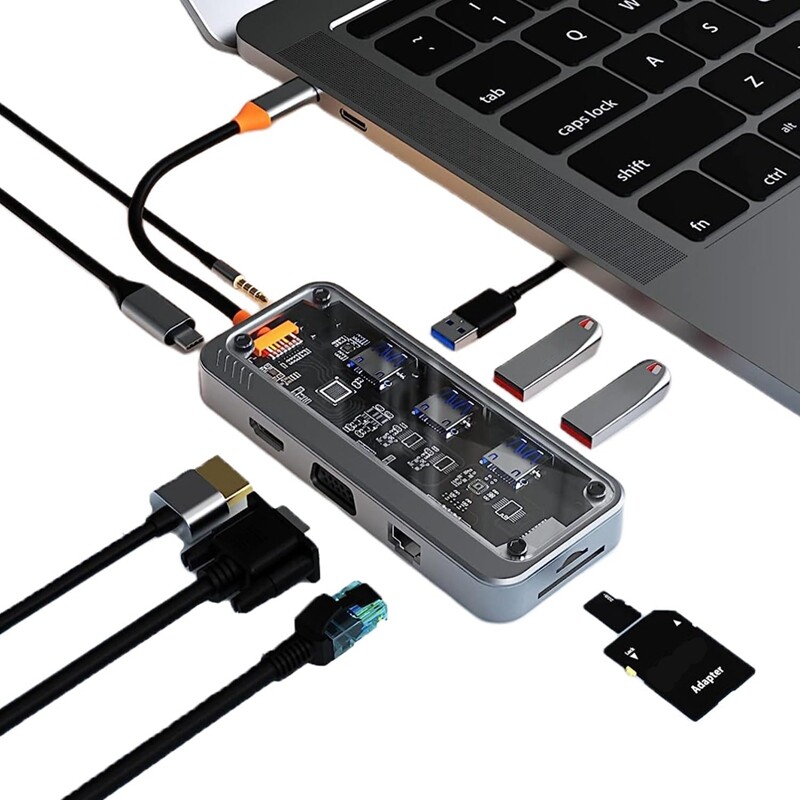 10 In1 USB C centrmezgls, Ethernet USB-C Mac vairāku portu adapteris, USB C adaptera dokstacija Pro/Air datora klēpjdatoram