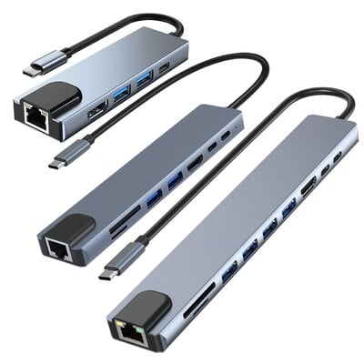 Thunderbolt3/4 USB C към 4K@30Hz HD дисплей RJ45 100Mbps Ethernet адаптер Многопортов USB сплитер хъб с PD за докинг станция за лаптоп