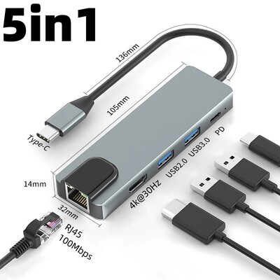 Thunderbolt3/4 USB C līdz 4K@30Hz HD displejs RJ45 100Mbps Ethernet adapteris Vairāku portu USB sadalītāja centrmezgls ar PD klēpjdatora dokstacijai