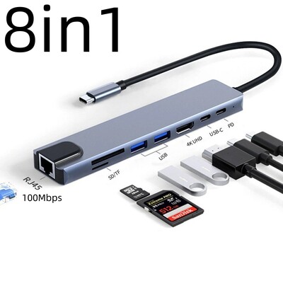 Thunderbolt3/4 USB C līdz 4K@30Hz HD displejs RJ45 100Mbps Ethernet adapteris Vairāku portu USB sadalītāja centrmezgls ar PD klēpjdatora dokstacijai