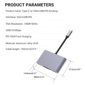 Gopala 3 σε 1 Multiports USB C Hub σε USB 3.0 VGA1080P και PD 100W Adapter για Dell HP Lenovo Surface και άλλα