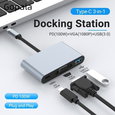 Gopala 3 в 1 Multiports USB C Hub към USB 3.0 VGA1080P и 100W PD адаптери за Dell HP Lenovo Surface и други