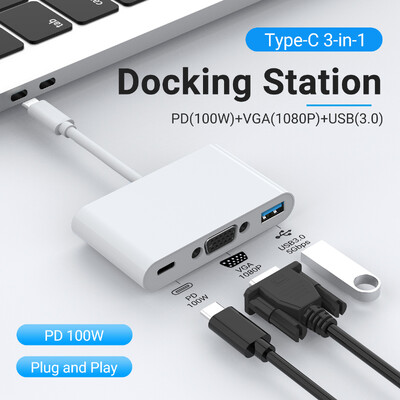 „Gopala 3 in 1“ kelių prievadų USB C šakotuvas į USB 3.0 VGA1080P ir 100 W PD adapteriai, skirti „Dell HP Lenovo Surface“ ir kt.