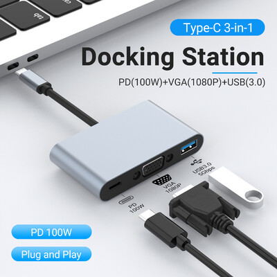 „Gopala 3 in 1“ kelių prievadų USB C šakotuvas į USB 3.0 VGA1080P ir 100 W PD adapteriai, skirti „Dell HP Lenovo Surface“ ir kt.