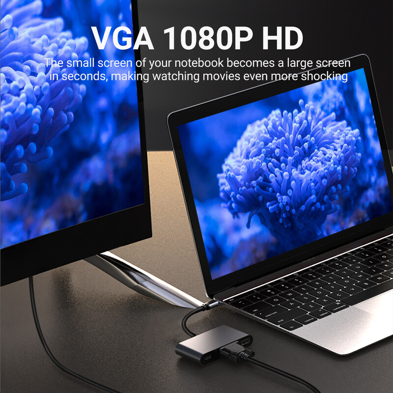 „Gopala 3 in 1“ kelių prievadų USB C šakotuvas į USB 3.0 VGA1080P ir 100 W PD adapteriai, skirti „Dell HP Lenovo Surface“ ir kt.