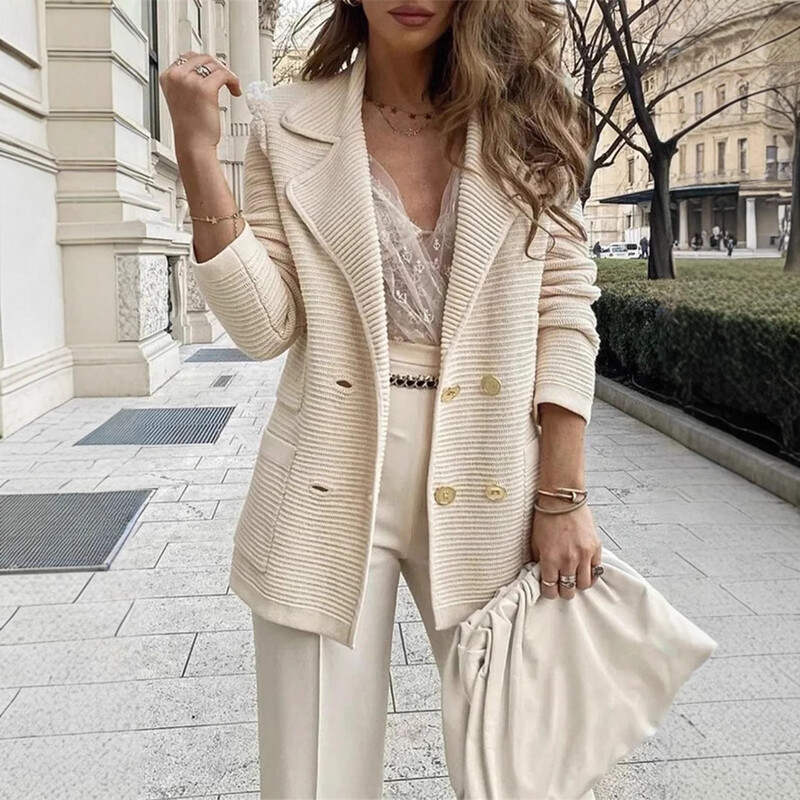 Prekogranična vanjska trgovina 2023. novi prekogranični europski i američki jednobojni prugovi, ležerno malo odijelo, kratki široki ženski kaput