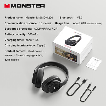 Monster MISSION 200 Wireless Headphones TWS Bluetooth 5.3 Earphones Sport Αδιάβροχα ακουστικά HD Stereo Bass Earbuds 40h Standby