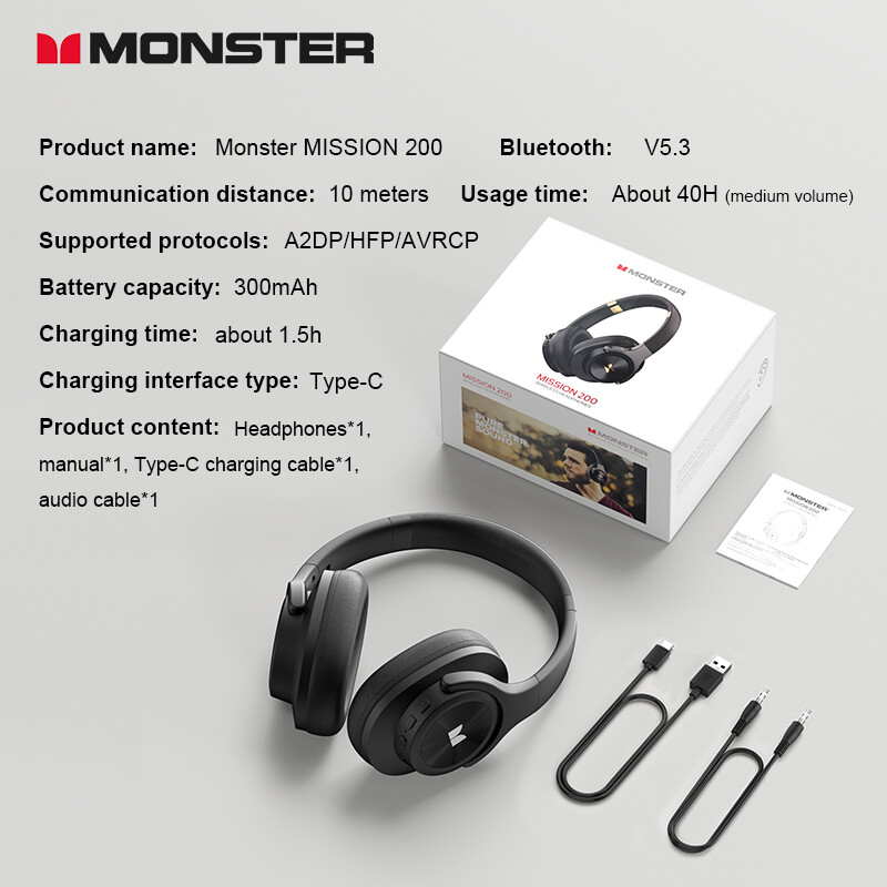 Monster MISSION 200 Bežične slušalice TWS Bluetooth 5.3 Slušalice Sport Vodootporne slušalice HD Stereo Bas Slušalice 40h Standby