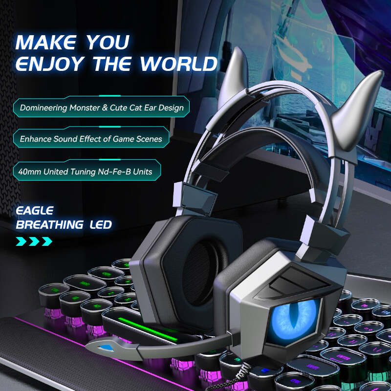 E-sport žičane slušalice Cool Eagle Eye dizajn LED slušalice s svjetlom za disanje za PS4 PS5 Xbox PC s HD mikrofonom Slušalice s mačjim ušima Gaming slušalice