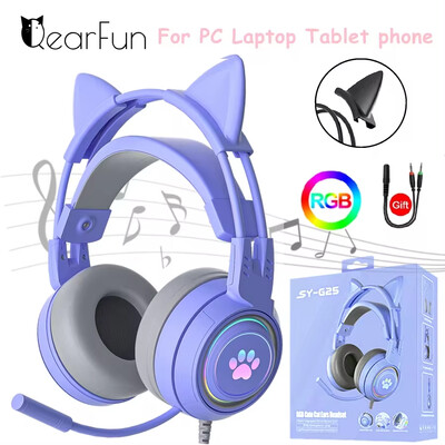 Слушалки Pink Girls Cute Cat с микрофон за лаптоп RGB LED Noise Reduced Stereo PC Headset Gamer за Ipad PS4 Phone Xbox