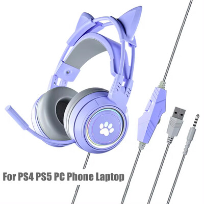 Pink Girls Cute Cat Slušalice s mikrofonom za prijenosno računalo RGB LED Smanjena buka Stereo PC slušalice Gamer za Ipad PS4 Telefon Xbox