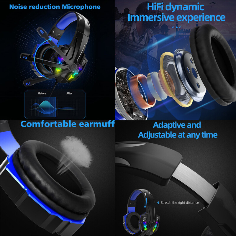 Naujos žaidimų ausinės su triukšmą slopinančiomis 3,5 mm RGB žaidimų ausinėmis, skirtomis PS4 PC Xbox One nešiojamojo kompiuterio ausinės su mikrofono LED lempute