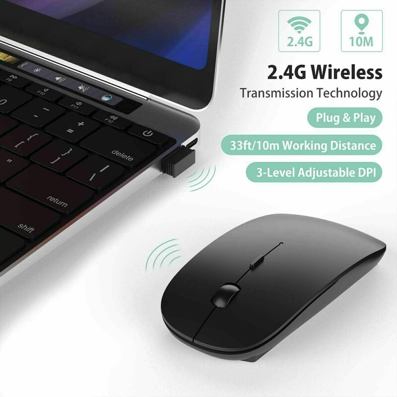 Tanak bežični miš 2,4 GHz optički miš 1600 DPI Uredski tihi miš za igrače Miševi ergonomskog dizajna s USB prijemnikom za prijenosna računala