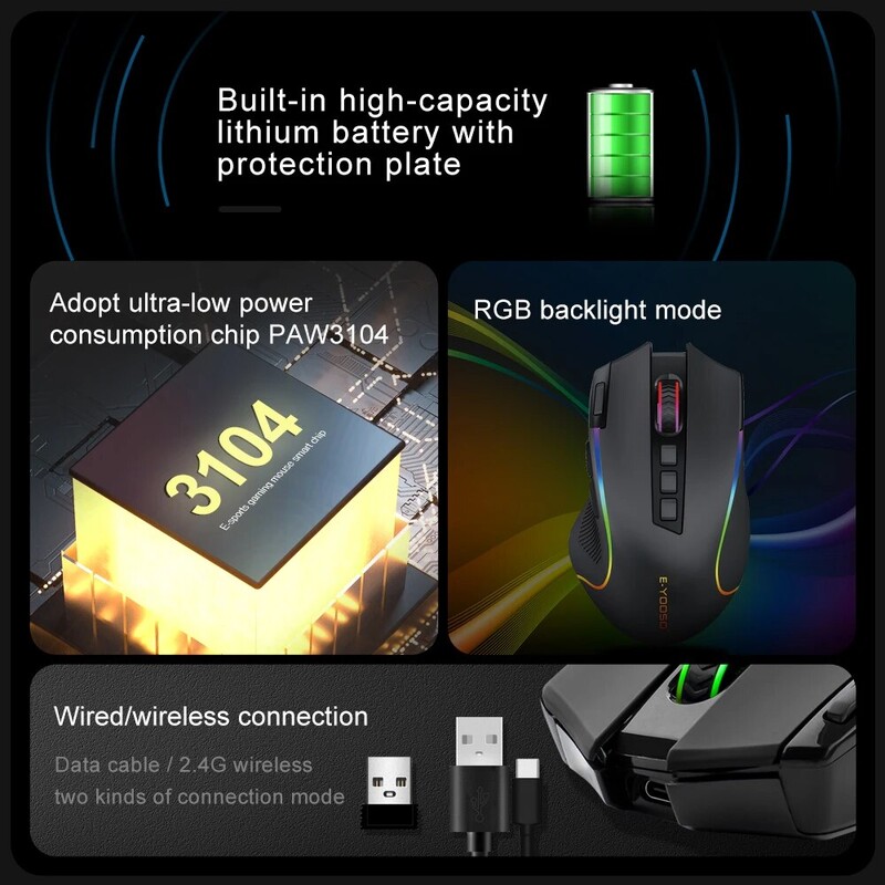 E-YOOSO X-11 RGB USB 2.4G Bežični miš za igranje 4000 DPI 9 gumba Programabilni Ergonomski za miševe za igrače Laptop PC Računalo