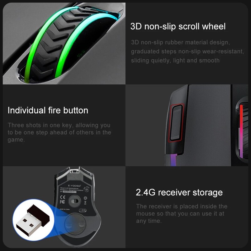 E-YOOSO X-11 RGB USB 2.4G Bežični miš za igranje 4000 DPI 9 gumba Programabilni Ergonomski za miševe za igrače Laptop PC Računalo
